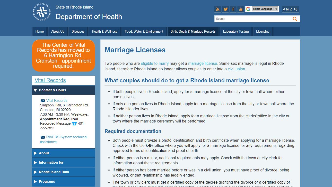 Marriage Licenses: Department of Health - Rhode Island