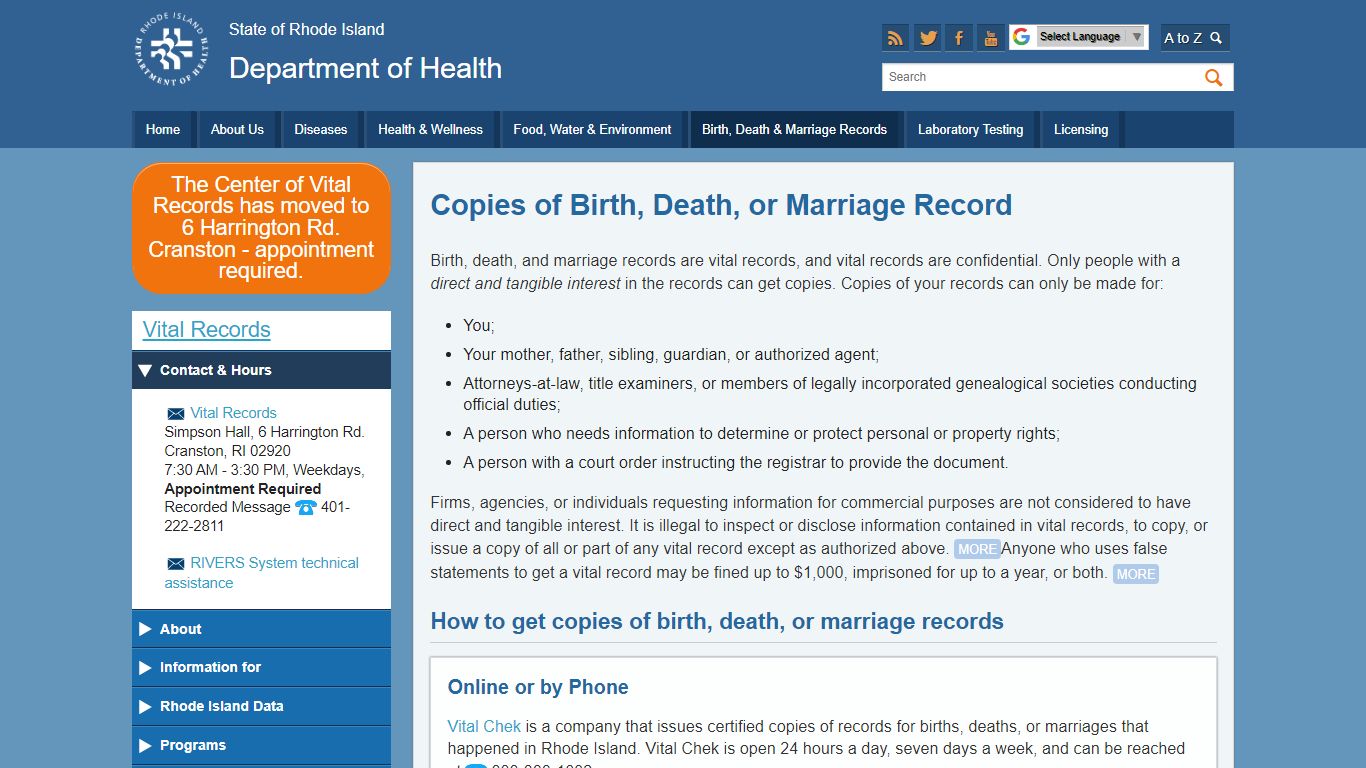 Birth, Death & Marriage Record Copies: Department of Health - Rhode Island